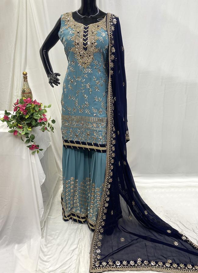 Georgette Sky Blue Wedding Wear Hand Work Readymade Sharara Suit